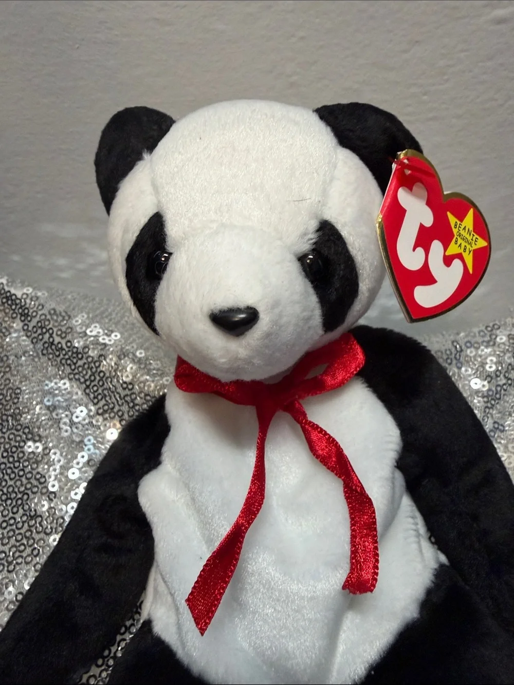 NWT Ty Fortune the Panda Bear Beanie Baby Plush with Red Ribbon